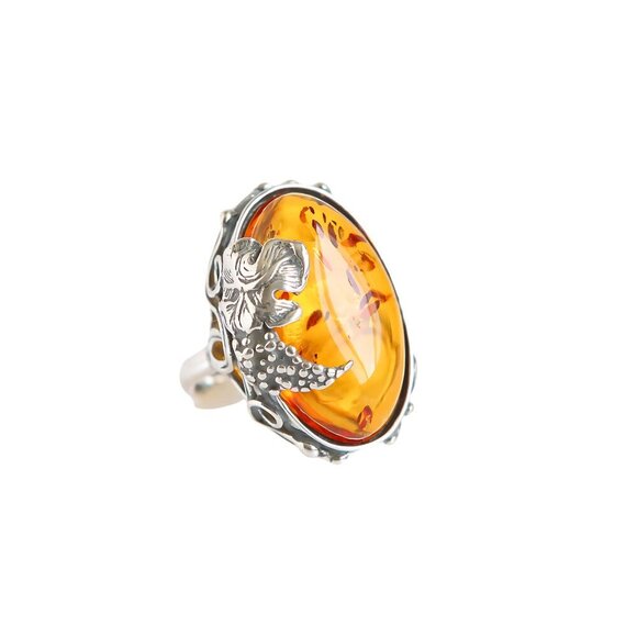 Baltic Cognac Amber Grape Leaf Statement Ring in 925 Sterling Silver - Picture 2 of 7